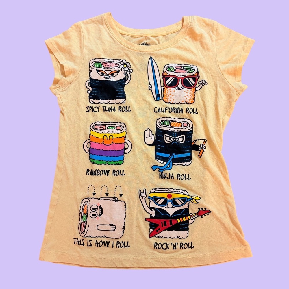 Y2K Freeze Sushi Graphic Baby Tee Yellow Short Sleeve Shirt Scene #18